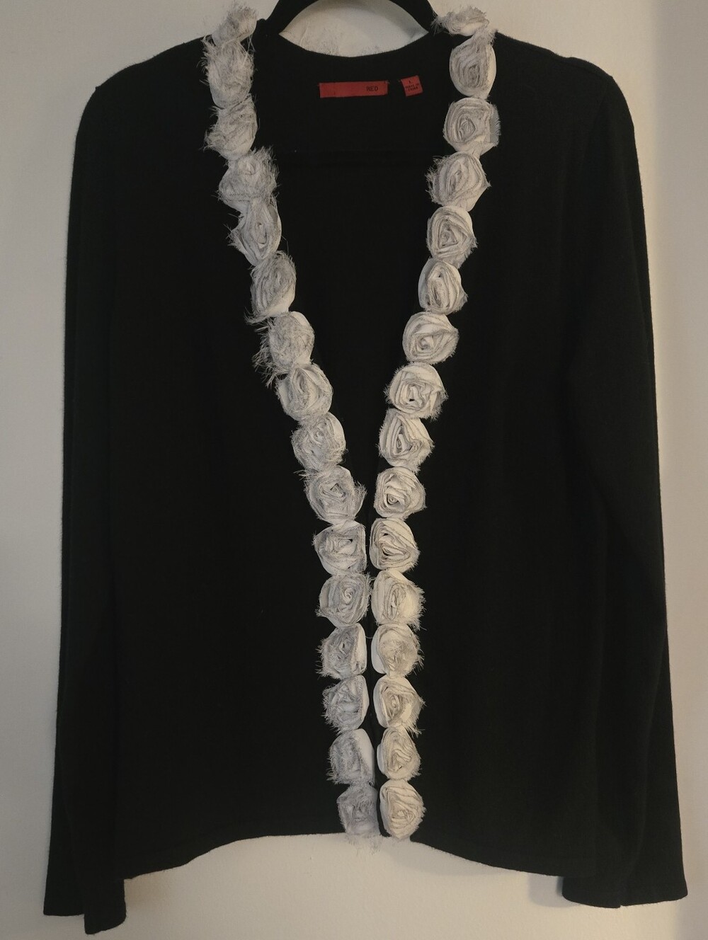 Red~ Black Knit Cardigan with White Feathered Roses Trim